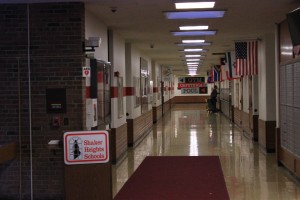 Flags of various countries line the walls of the middle school's "cycle" hallway.