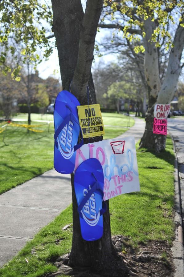 Signs posted on trees beside Onaway Road tell passersby that the senior prank does not involve alcohol May 5, 2014.