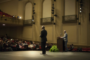 Hutchings takes questions from the audience moderated by Shaker resident Dan Molthrop.