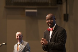 Hutchings addresses the crowd during the question-and-answer period of the meeting.